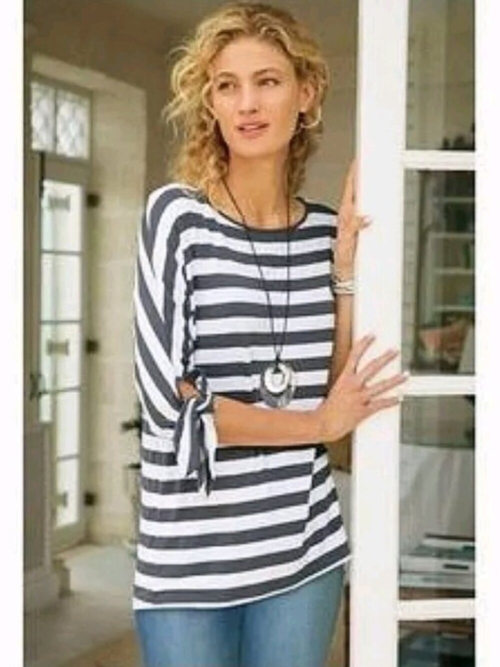 Soft Surroundings Adrift Striped Top Size Medium Gray and White Nautical Ties